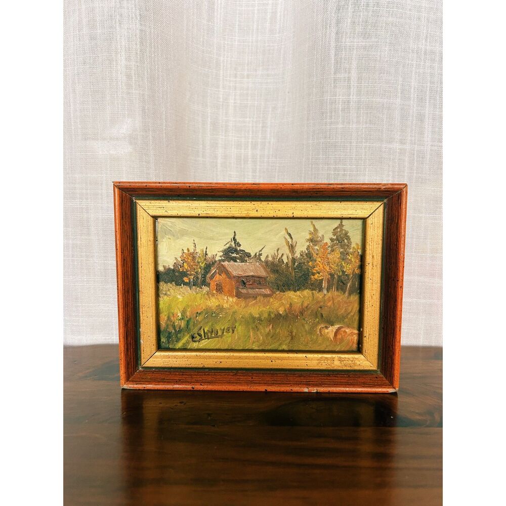 Vintage E. Shroyer Original Oil Landscape Painting - Framed Rustic Barn